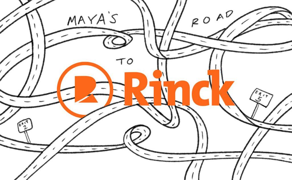 Illustration of winding roads with text "Maya's road to (logo) Rinck"